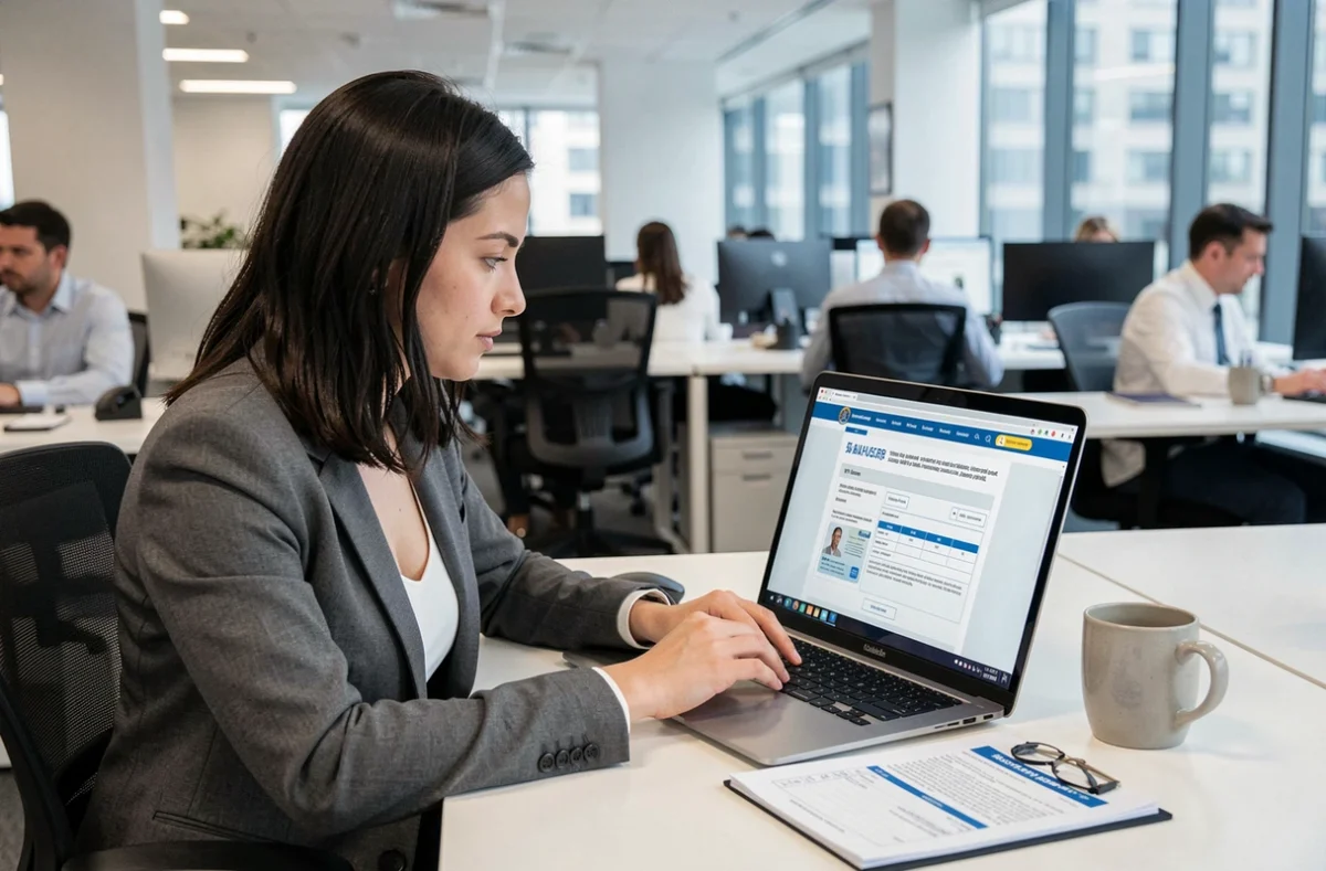 Femme consultant un site officiel gouvernemental pour vérifier un permis de conduire en PDF sur son ordinateur portable