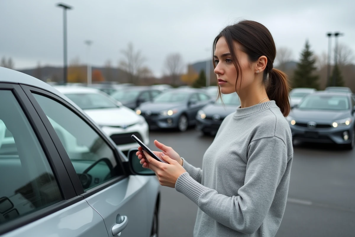Femme vérifiant le VIN d'une voiture d'occasion via CarVertical dans un parking de concessionnaire