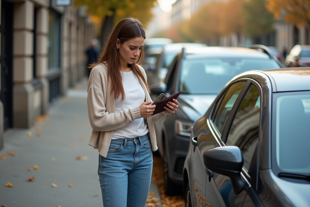 Jeune femme vérifiant son portefeuille vide dans la rue