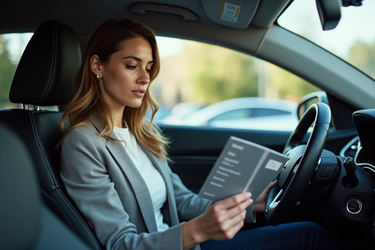 Jeune femme examine un livret sur le carburant dans sa voiture