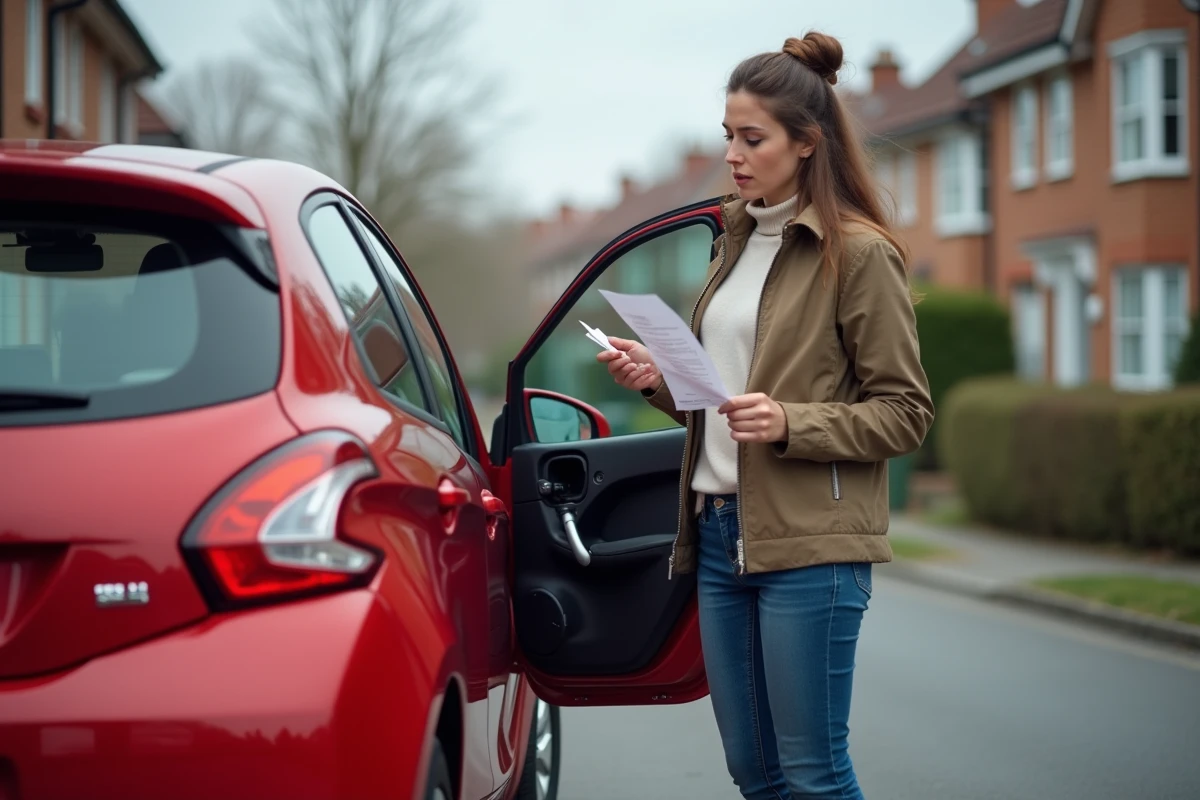 Jeune femme vérifiant un reçu de carburant près de sa Peugeot 208 GTi
