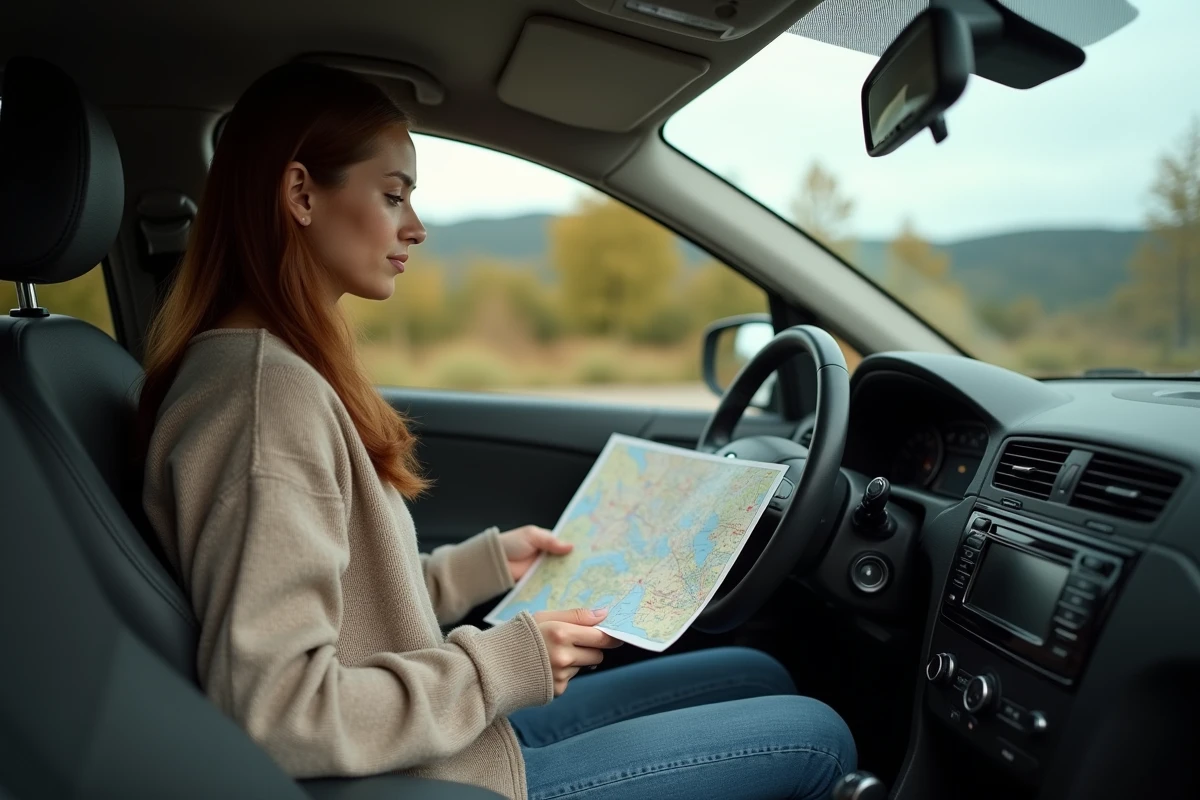 Jeune femme dans sa voiture regardant une carte de voyage