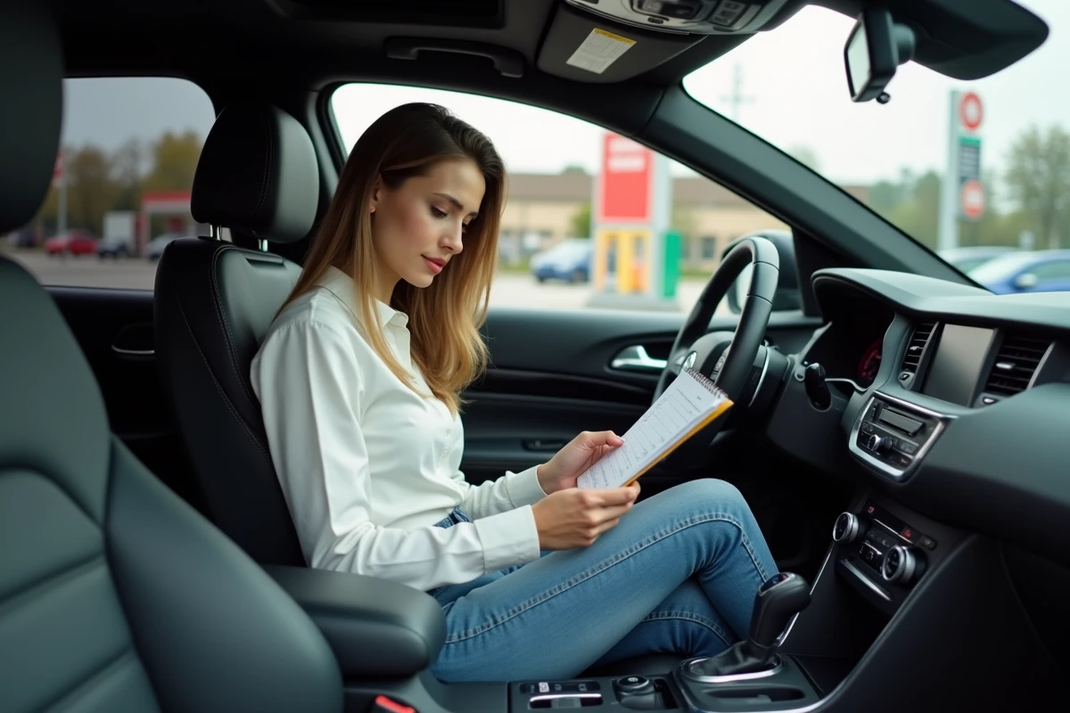 Jeune femme dans SUV au station essence en ville