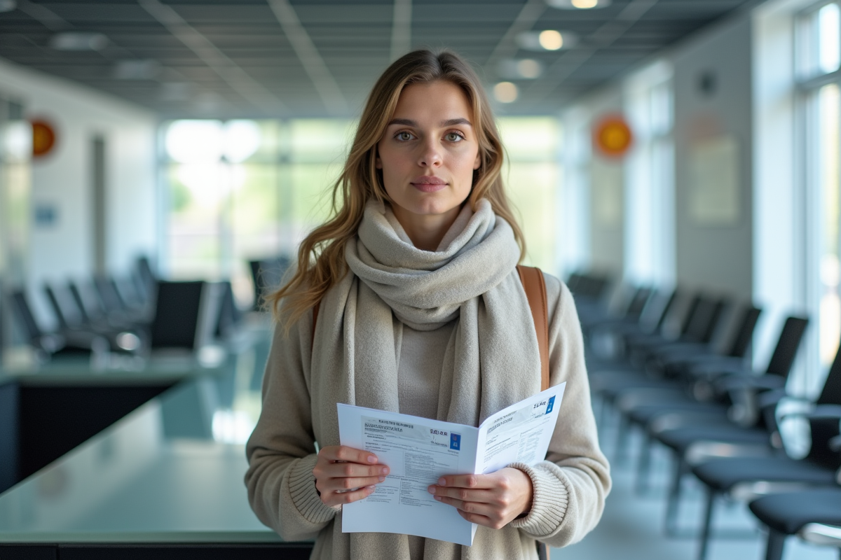 Femme attendant avec papiers dans un bureau d