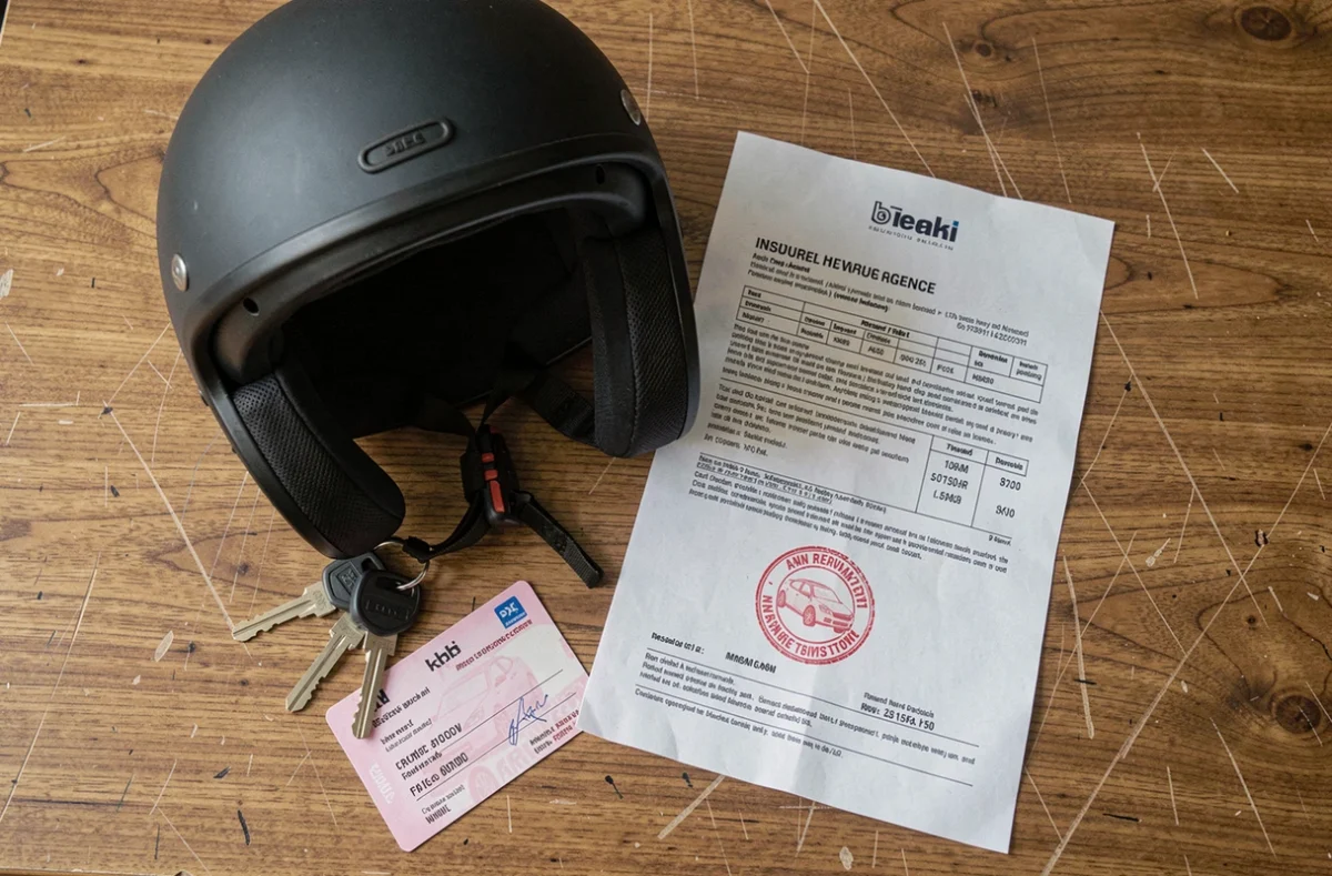 Flat-lay d'un casque de scooter, des clés et d'un avis d'amende pour défaut d'assurance sur un bureau