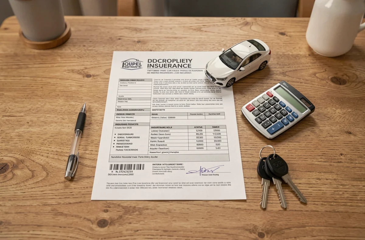 Vue aérienne d'objets liés à une assurance auto : contrat, clés de voiture, calculatrice et stylo sur une table en bois