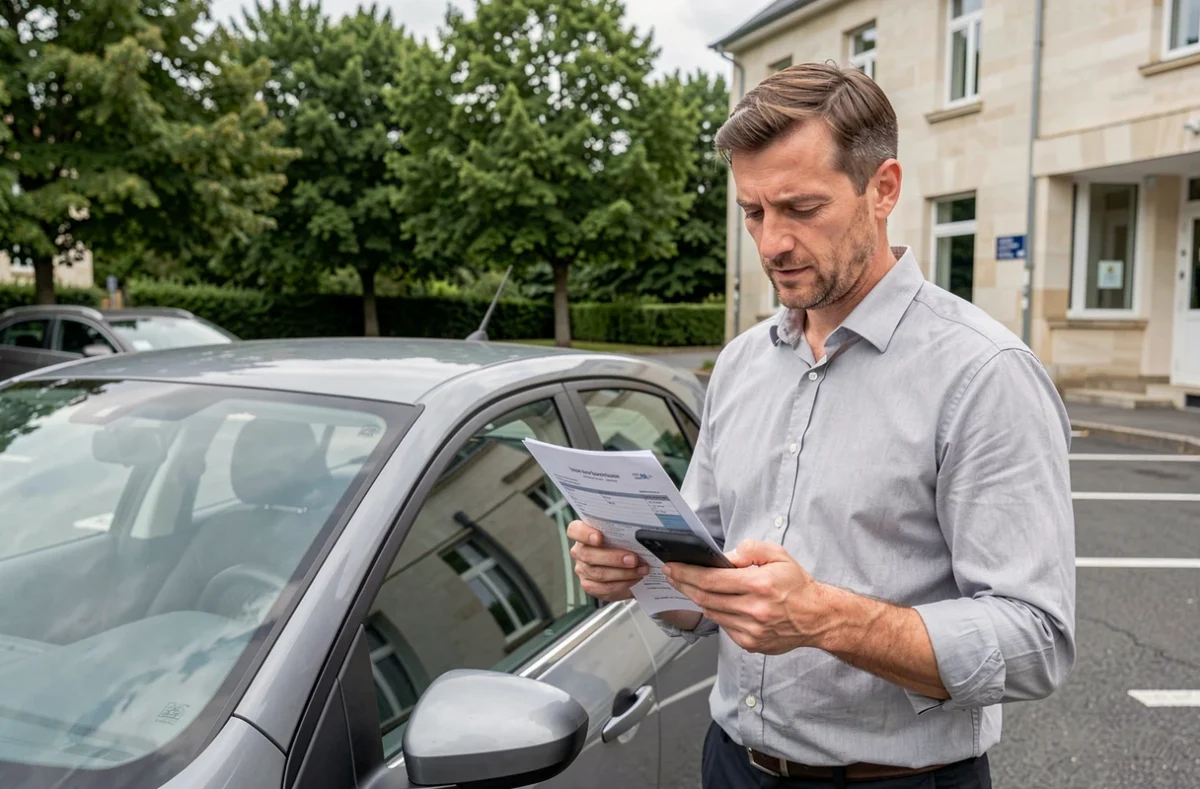 Fonctionnaire comparant un devis assurance auto près de sa voiture devant un bâtiment administratif
