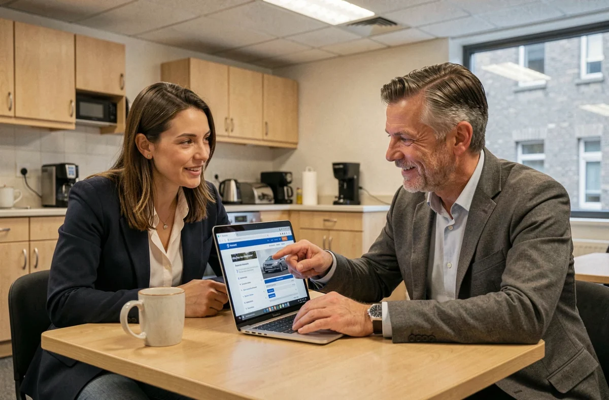 Deux fonctionnaires comparant des offres d'assurance auto en ligne dans une salle de pause administrative