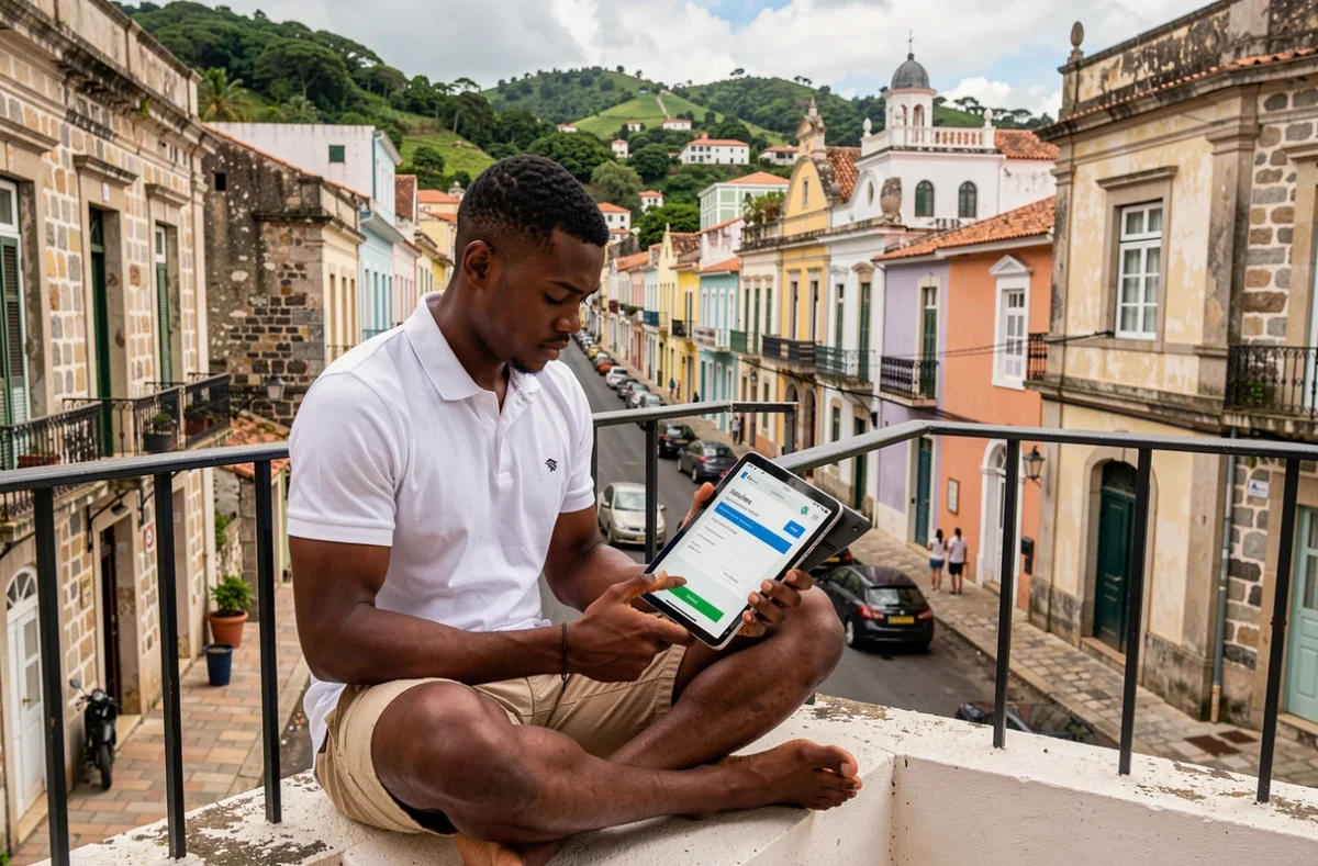 Jeune homme remplissant un formulaire de devis assurance auto en ligne sur une terrasse en Martinique