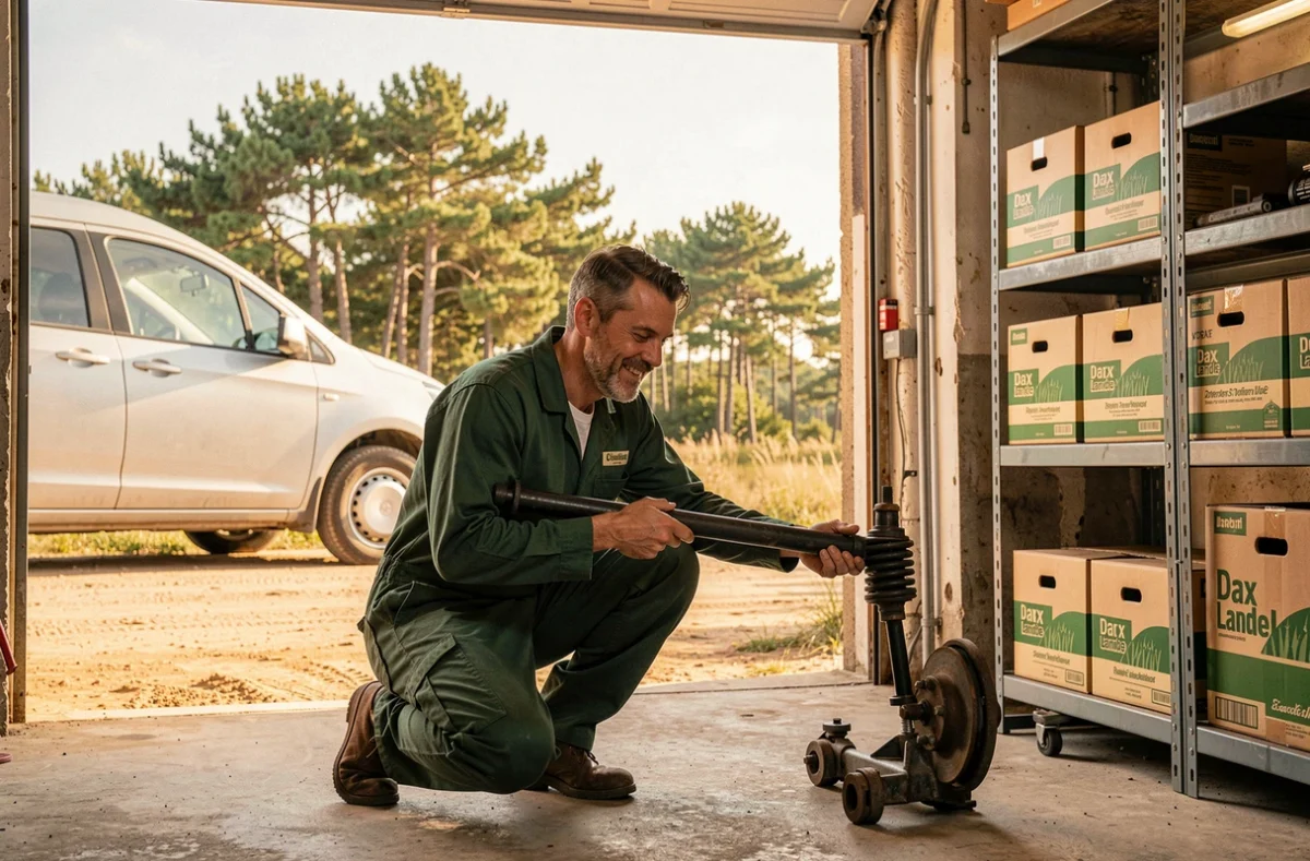 Mécanicien du Garage Darricau à Dax inspectant la suspension d'un utilitaire dans les Landes