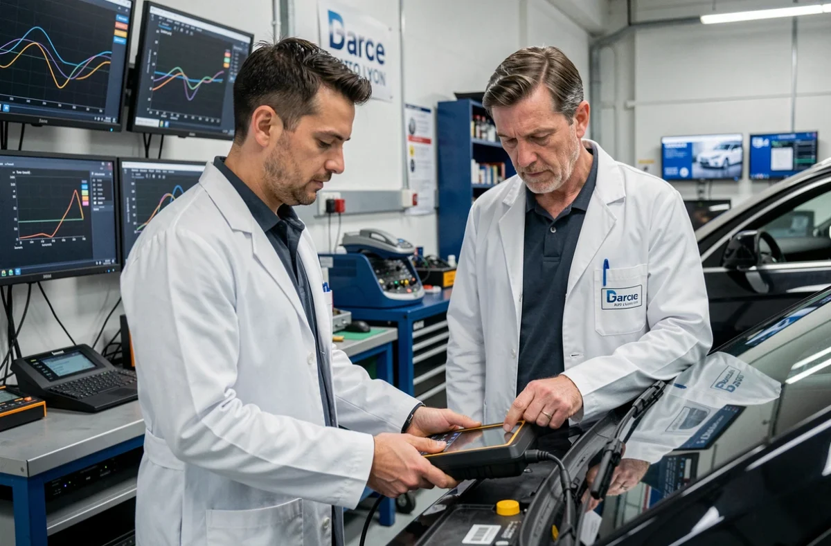 Technicien en diagnostic automobile connectant un outil OBD au Garage Doct Auto Lyon