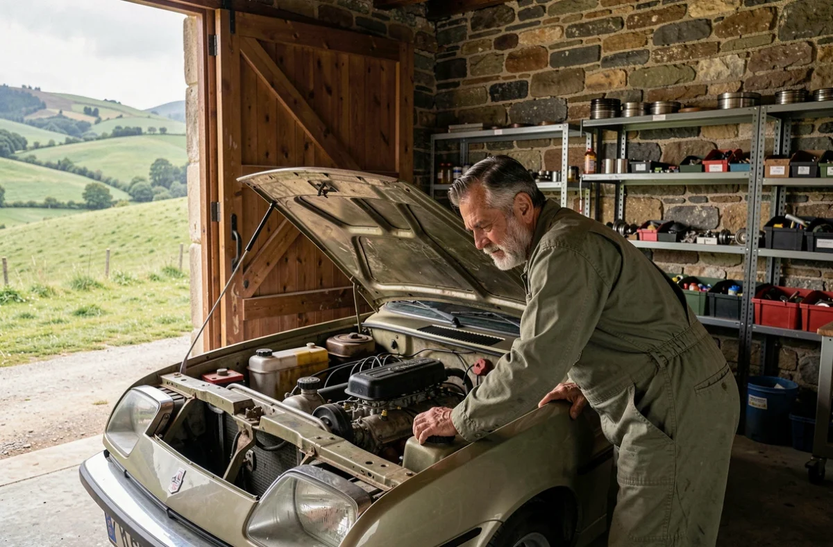 Mécanicien du Garage Errobi à Itxassou travaillant sur un moteur dans un cadre typique du Pays Basque