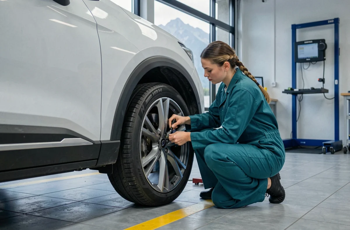 Mécanicienne du Garage Laborde à Pau serrant les écrous de roue d'un SUV avec les Pyrénées en arrière-plan