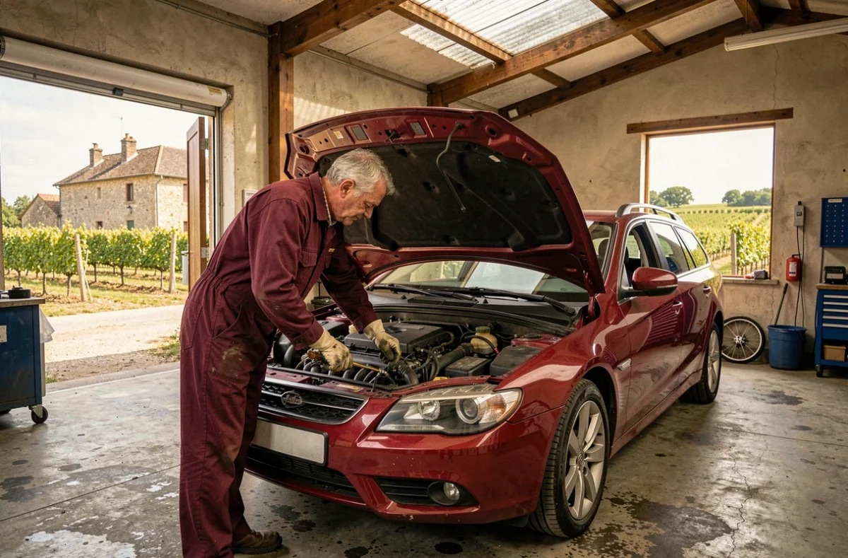Mécanicien du Garage Moulinier à Libourne effectuant une vidange moteur dans son atelier en Gironde
