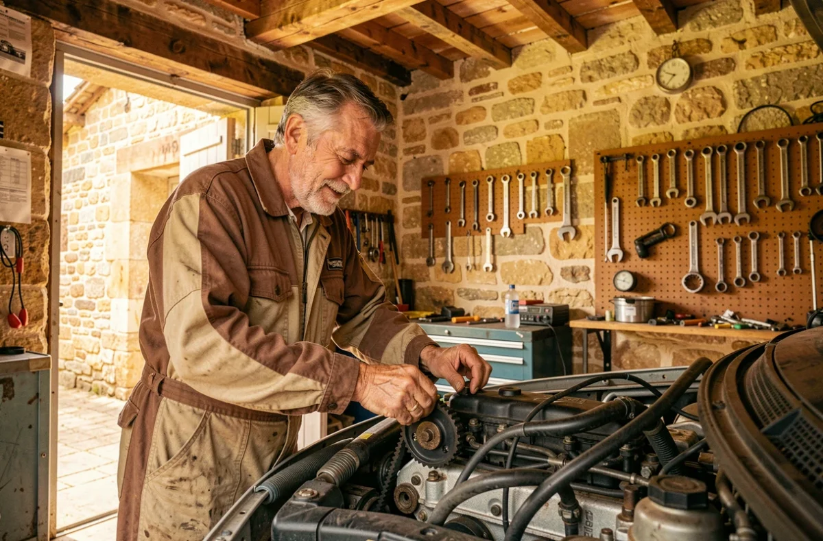 Mécanicien du Garage Peyroux à Périgueux remplaçant une courroie de distribution dans son atelier en Dordogne