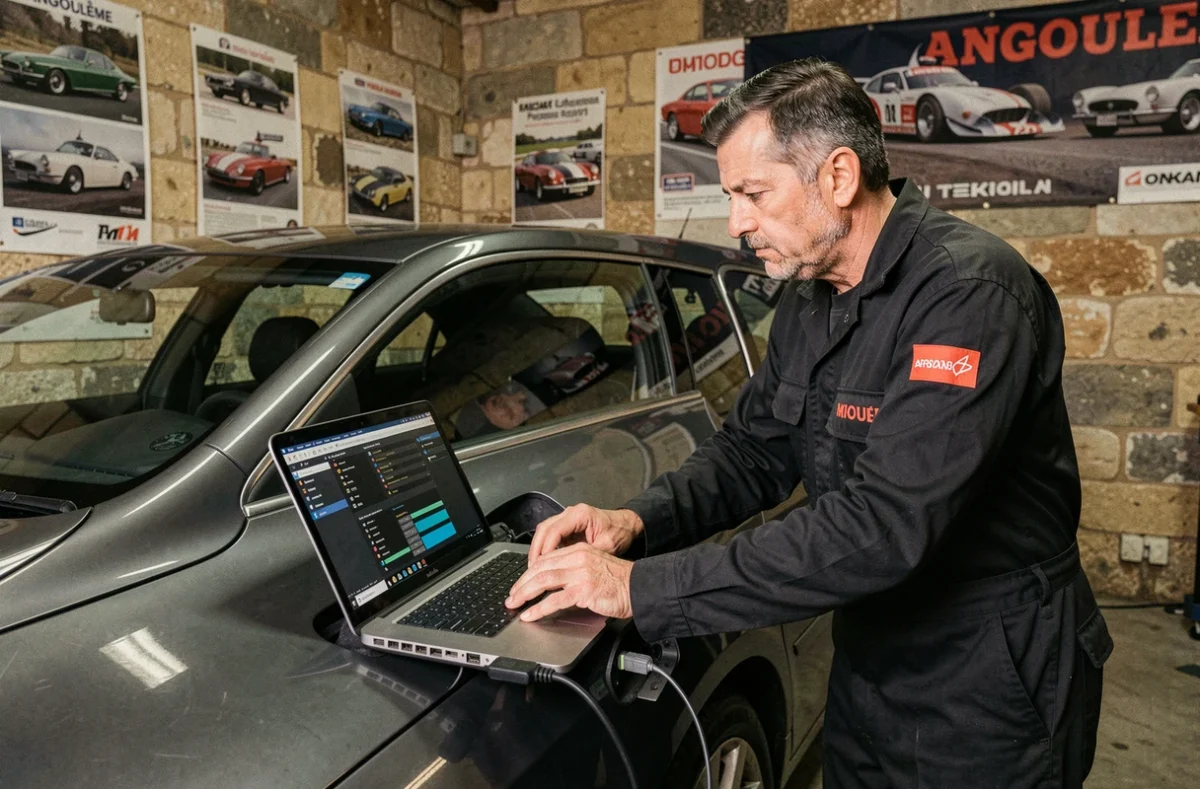 Mécanicien du Garage Rambaud à Angoulême effectuant un diagnostic électronique sur un véhicule