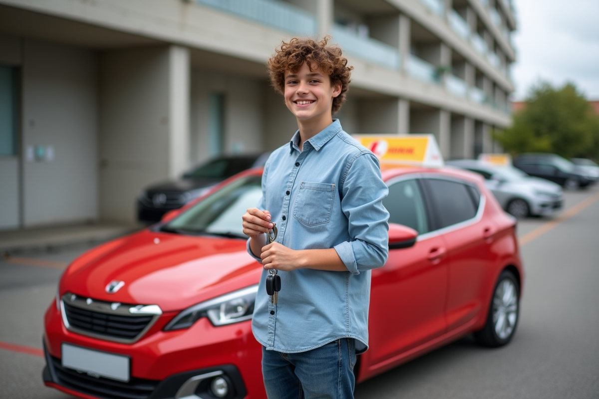 Garçon souriant avec clés de voiture devant une voiture rouge