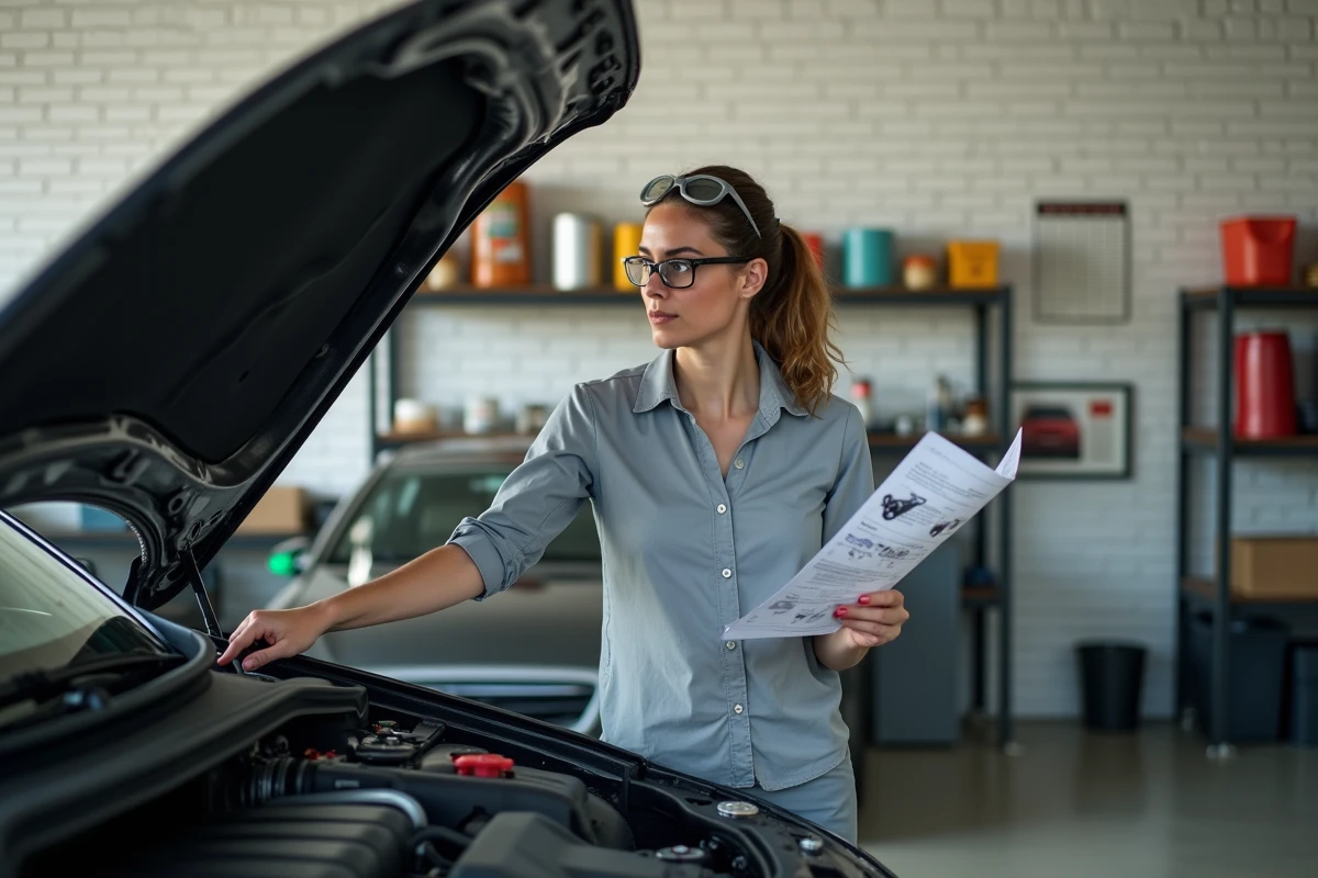 Gérante d'un garage indépendant vérifiant des références de pièces détachées issues du catalogue Dialogys lors d'un diagnostic moteur