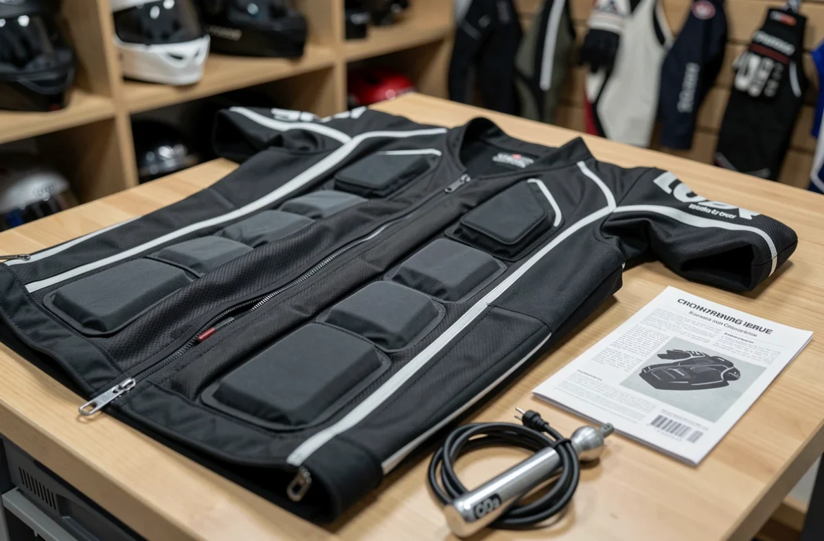 Gilet airbag moto déplié sur table d'atelier avec accessoires CO2 et veste de moto en boutique