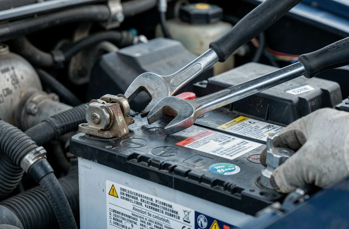 Gros plan sur les bornes d'une batterie de voiture en cours de débranchement avec une clé à molette dans le compartiment moteur