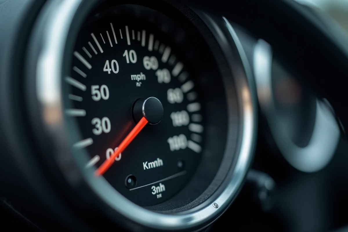 Gros plan sur un compteur de vitesse analogique indiquant 320 km/h correspondant à 200 mph