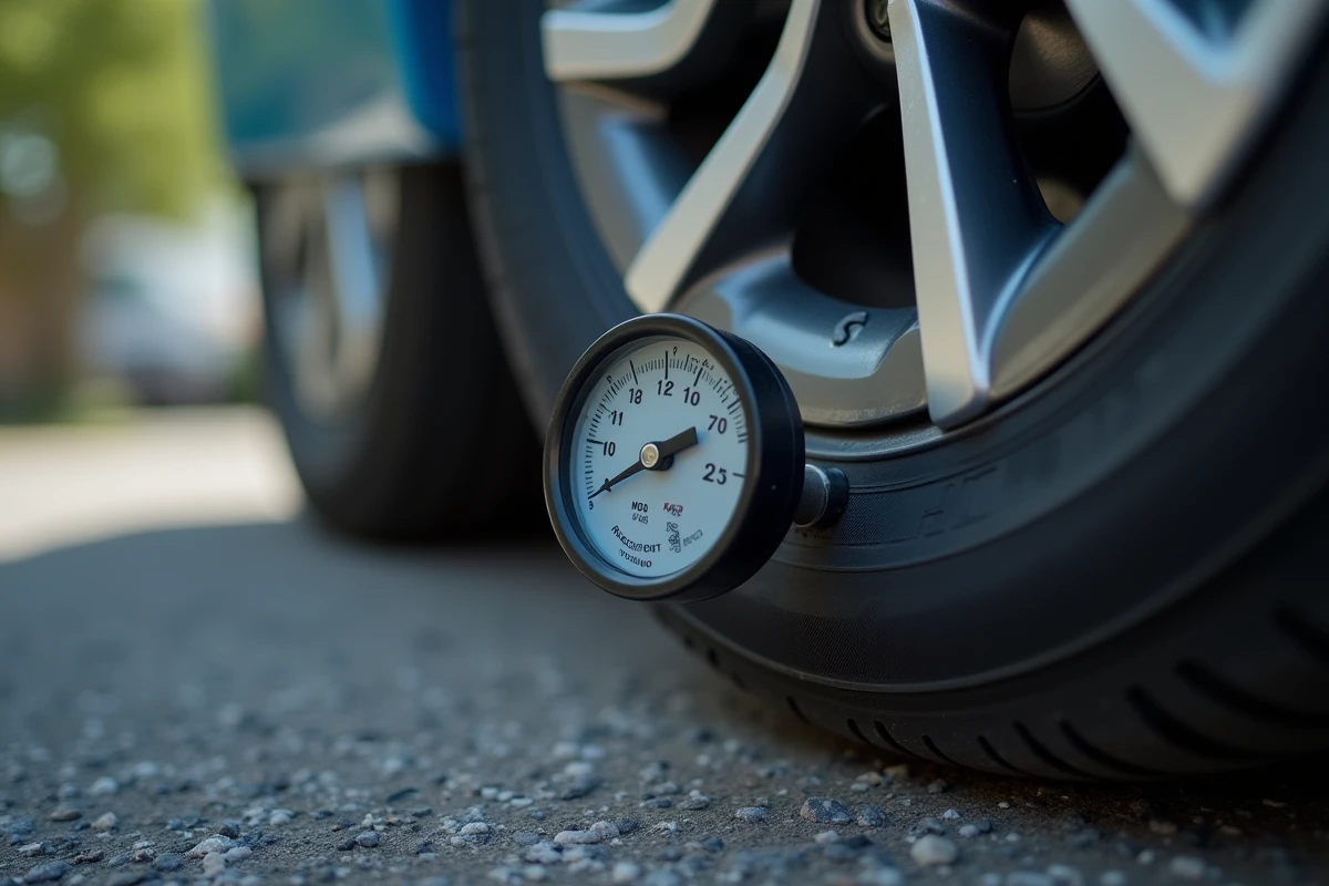 Gros plan sur un manomètre indiquant 2.2 bar sur la valve d'un pneu de Toyota Yaris Hybride dans une allée résidentielle