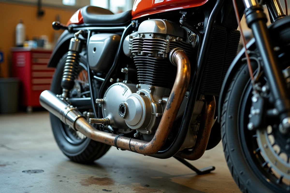 Gros plan sur un moteur de moto à fort couple avec cylindres apparents en atelier mécanique