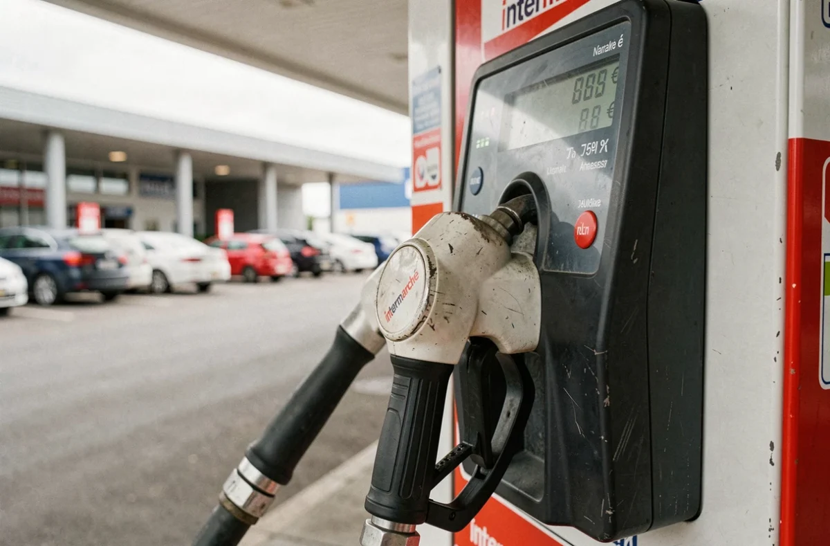 Gros plan sur un pistolet de pompe à essence et l'affichage du prix du carburant à la station Intermarché