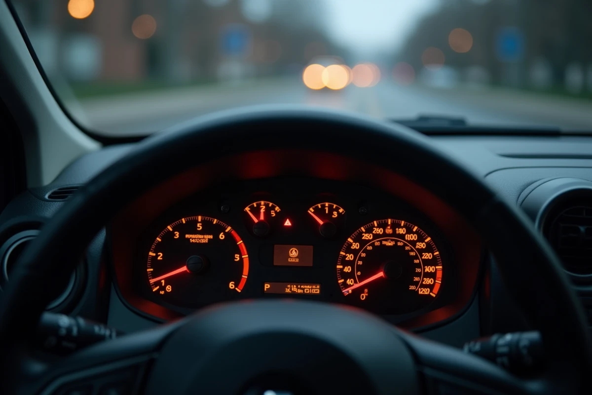 Gros plan des voyants d'avertissement allumés sur le tableau de bord d'un Renault Duster