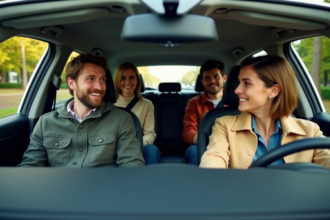 Quatre adultes détendus dans une voiture moderne en extérieur