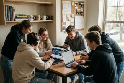 Groupe d'étudiants discutant avec laptops dans un appartement
