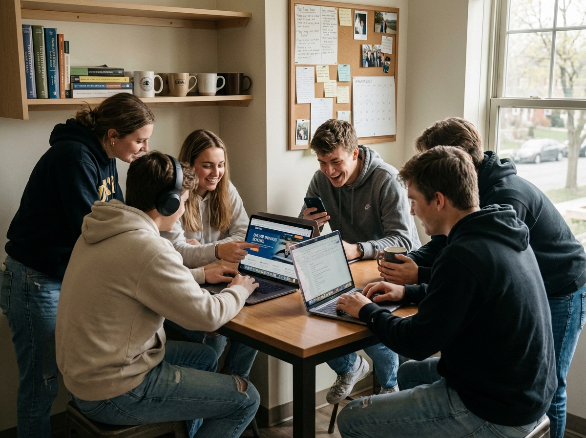 Groupe d'étudiants discutant avec laptops dans un appartement
