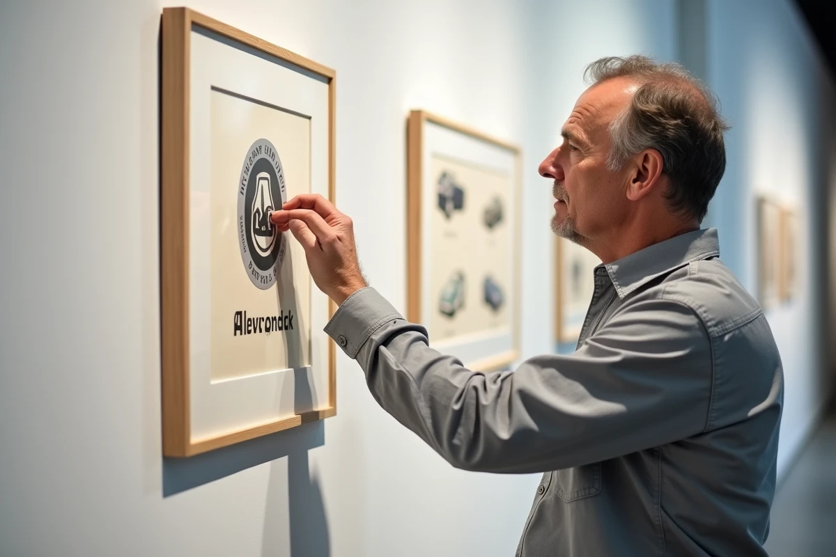 Historien automobile d'âge mûr examinant des études d'archives du logo Alpin encadrées sur le mur d'un musée de la compétition automobile