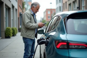 Homme utilisant une application de recharge électrique voiture