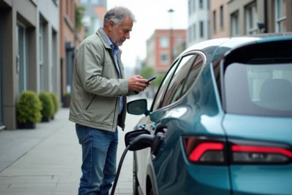 Homme utilisant une application de recharge électrique voiture
