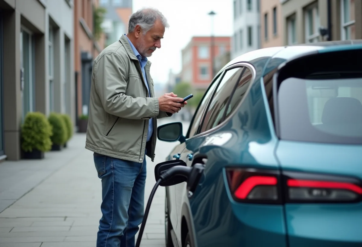 Homme utilisant une application de recharge électrique voiture