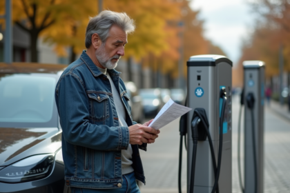 Homme vérifiant une facture près d'une voiture électrique en ville