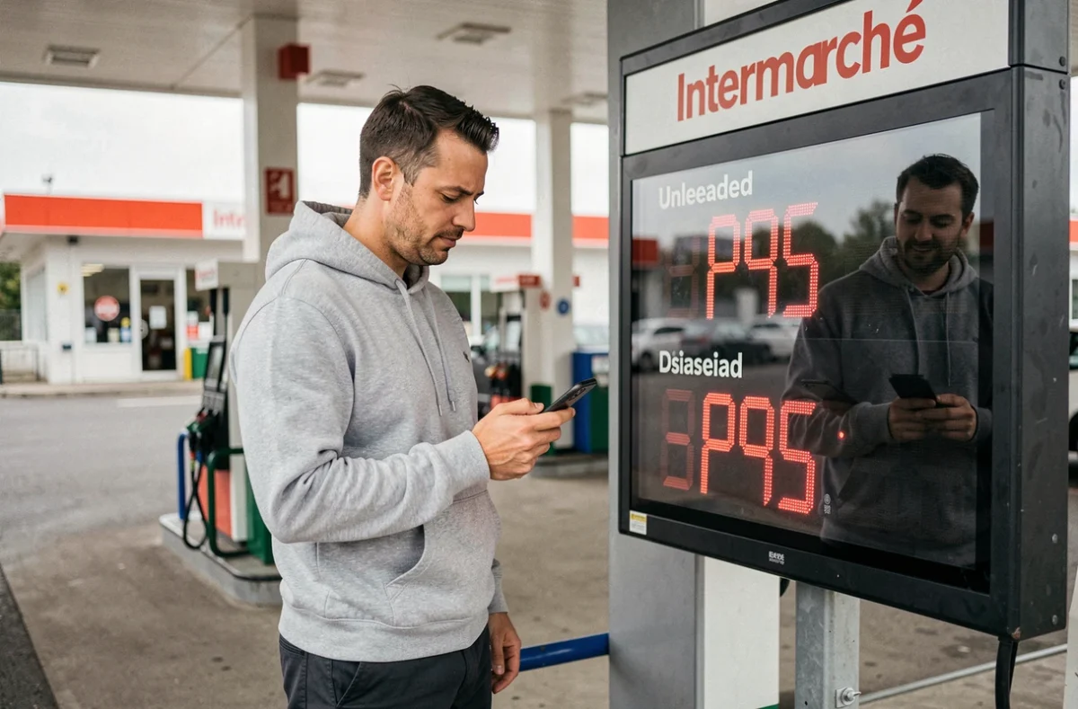 Homme comparant le tarif essence affiché sur le panneau de prix d'une station Intermarché avec son smartphone