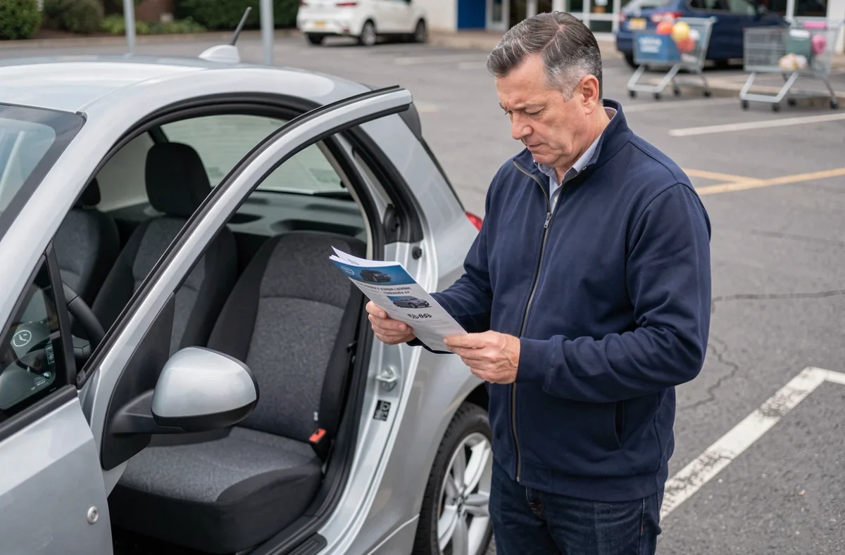 Homme comparant des brochures de voiturettes électriques dans un parking de supermarché