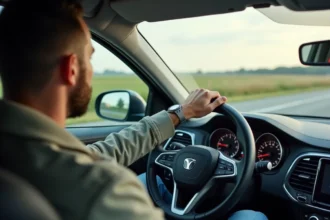 Homme au volant d'une voiture moderne en voyage sur autoroute