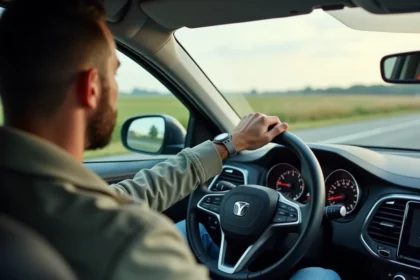 Homme au volant d'une voiture moderne en voyage sur autoroute