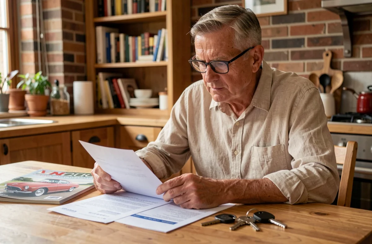Homme mature consultant des documents d'assurance pour une voiture de collection à son domicile
