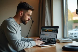 Homme consultant le site dimension-auto.fr sur un ordinateur portable dans un bureau à domicile