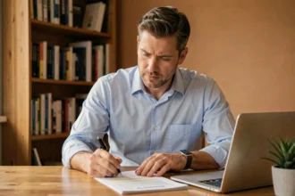 Homme adulte examinant un contrat d'assurance auto à son bureau à domicile
