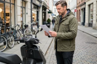 Homme consultant son contrat d'assurance scooter AMF sur un trottoir en ville