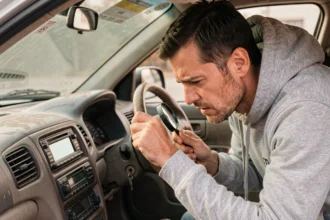 Homme examinant le numéro VIN illisible sur le tableau de bord d'une voiture pour récupérer le code autoradio