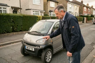 Homme examinant une voiture sans permis d'occasion dans une rue résidentielle