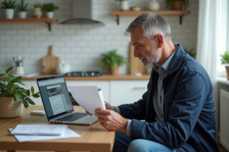Homme français regardant son ordinateur dans une cuisine lumineuse