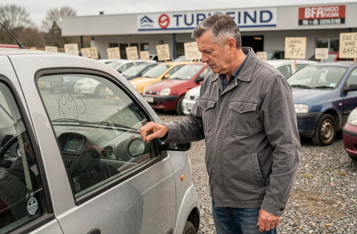 Homme d'âge mûr inspectant une voiture sans permis d'occasion dans un parking de concessionnaire de véhicules d'occasion