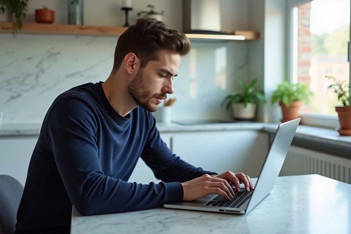 Homme en jean lisant des actualites dans une cuisine lumineuse